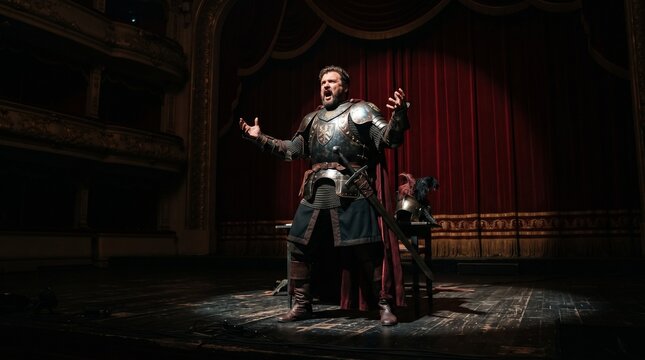 Male actor performing dramatic monologue on stage. Theatrical performer delivering emotional speech in spotlight under red curtain.