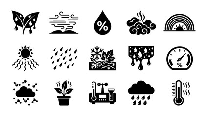 Fototapeta premium Weather and climate icons set, 15 black meteorology vector symbols, environmental forecast and humidity signs for mobile apps and web design