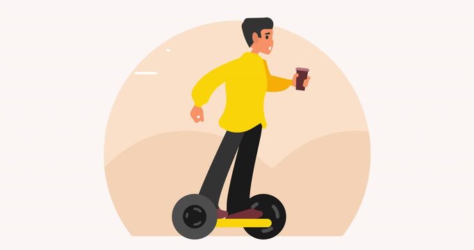 Animated man riding a hoverboard while holding a coffee cup. Concept of modern lifestyle, smart mobility, multitasking, and fast daily commute