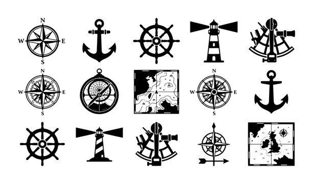 Nautical vintage icons set, black maritime navigation symbols vector, 15 marine adventure elements including compass, anchor, lighthouse and map