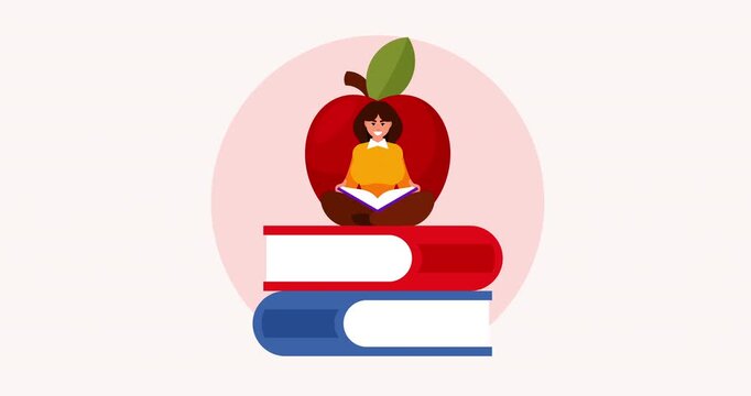 Animated flat vector student reading cross-legged on a stack of books with a red apple behind. Concept of education, learning, and back to school.