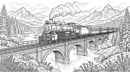 Vintage steam train, locomotive on bridge, scenic mountain landscape, black and white vector illustration © fanii996