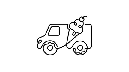 Fototapeta premium Continuous single line drawing of commercial delivery van or food truck with stylized swirl graphic on top and circular wheels, minimalist black monoline art on white background.