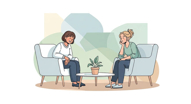 Therapist talking to a woman patient in a modern office.