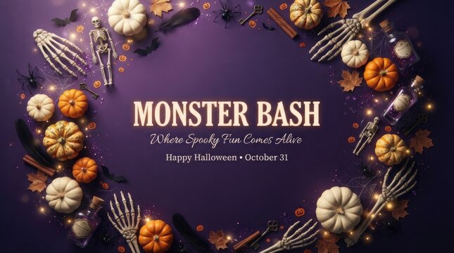 Monster Bash Halloween Party Background with Purple Theme, Decorative Pumpkins and Festive Seasonal Design for Event Invitation, Poster, Banner and Holiday Celebration