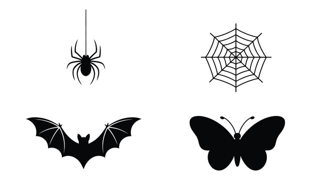 Black Silhouette Vector Icon Set Featuring Spider Web, Bat, And Moth On White Background, Halloween And Gothic Nature Symbols, Minimal Flat Design Isolated For Logos, Stickers, Decorations, And Season