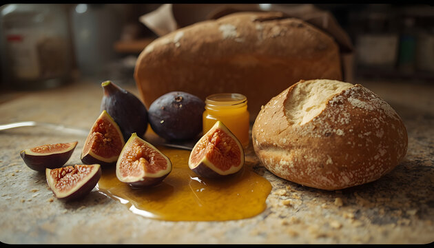 Authentic food photography of fresh figs and honey on a kitchen counter with hard direct flash, analog film aesthetic