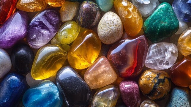 Bright polished stones and gemstone crystals scattered together in macro view showing mineral variety natural texture glossy surfaces jewelry materials healing stones and decorative luxury collection