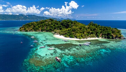 Fototapeta premium Stunning aerial view of a tropical island paradise with turquoise waters.