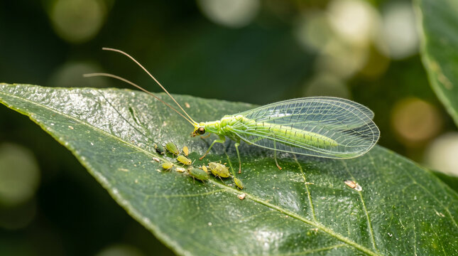 Green lacewing insect hunting and eating aphids on a green leaf