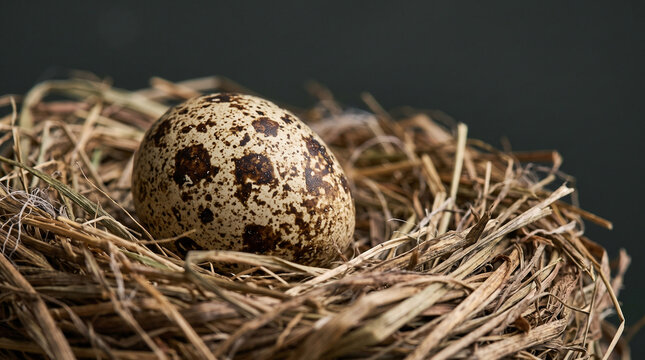 Single speckled quail egg resting inside a woven dry straw nest