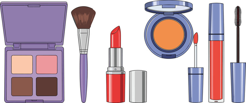 Vector illustration set of luxury cosmetics and makeup products featuring purple eyeshadow palette, blush brush, red lipstick, lip gloss, compact powder, and mascara wand