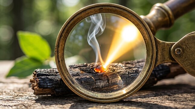 Brass Magnifying Glass Focusing Sunbeam Dark Wood Smoke Ember Macro Concentrated Solar