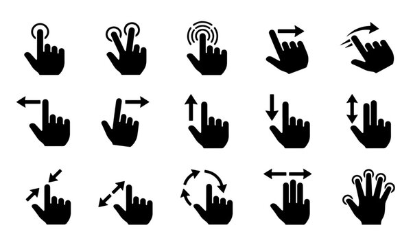 Touch screen hand gestures, 15 black silhouette icons for mobile interface. Finger tap and swipe navigation symbols. Multi-touch vector set.