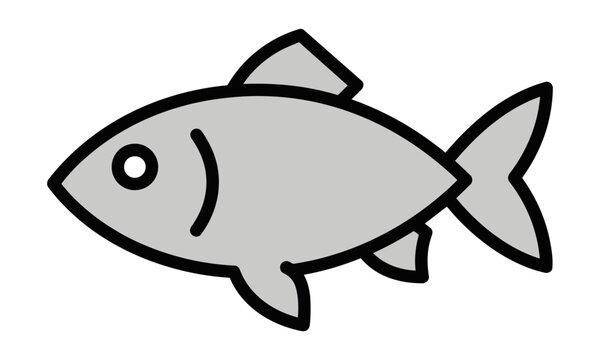 Minimalist icon of a fish in side profile with thick black outlines and light gray fill on a white background, simple aquatic animal design concept
