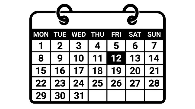 A black and white illustration of a calendar hanging on a wall with days of the week and dates marked.