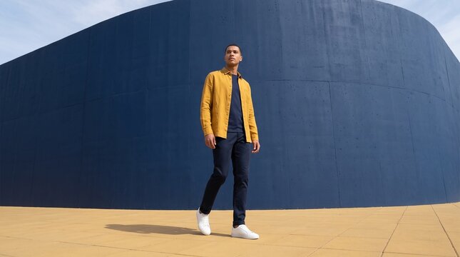 Young Man Standing Against Modern Architecture