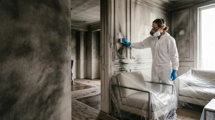 Female restoration expert inspecting smoke-damaged walls, a visual concept for property insurance and fire recovery campaigns. © Tania Zbrodko