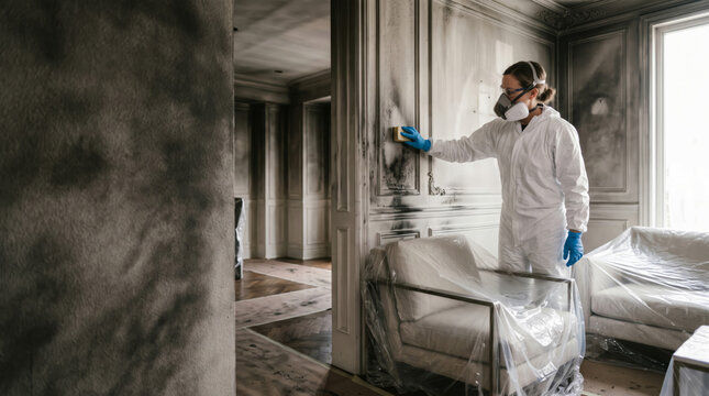Female restoration expert inspecting smoke-damaged walls, a visual concept for property insurance and fire recovery campaigns.