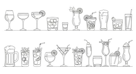 Cocktail, drink, and beverage icons, 20 line drawings, black and white, vector illustrations © Stephen