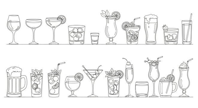 Cocktail, drink, and beverage icons, 20 line drawings, black and white, vector illustrations