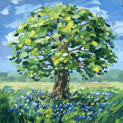 Obraz premium Oak tree in summer meadow with blue wildflowers textured impasto oil painting under bright sky for rustic nature wall decor design