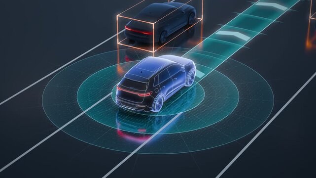 Autonomous Car Sensors Monitoring Traffic From High Three Quarter View