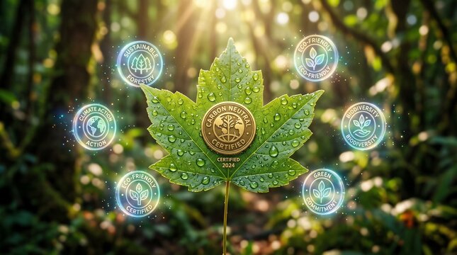 Green carbon neutral certified maple leaf with glowing ecological icons in a lush forest setting