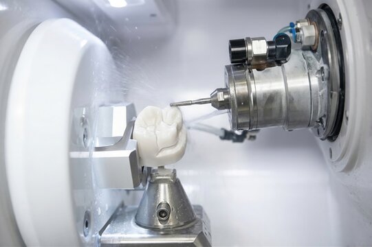Close-up of a modern CAD/CAM dental milling machine carving a ceramic tooth crown. High-tech dentistry equipment in action with water cooling. Perfect for dental labs, prosthetics, and oral care.
