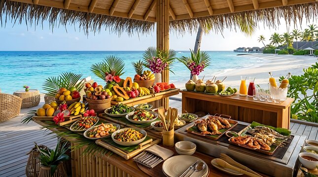 Fresh tropical food buffet served on a wooden table at a sunny beach resort under a thatched roof hut. seaside buffet tablescape