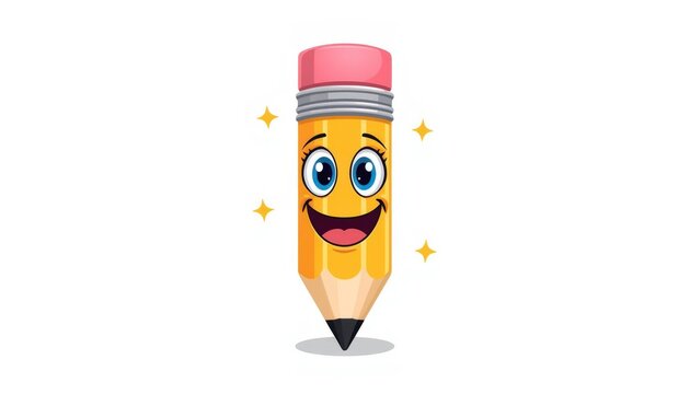 Cute yellow pencil character with a happy smiling face and pink eraser on white background