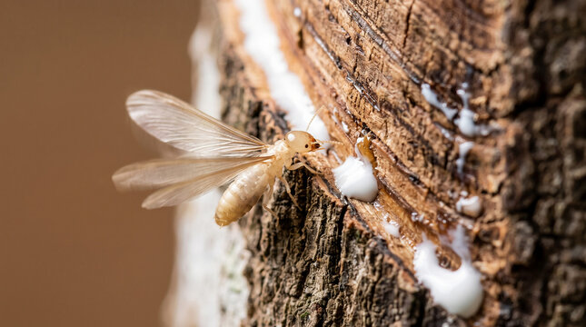 Winged termite insect crawling on rough tree bark with white sap