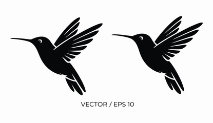 Two Flying Hummingbird Silhouettes, Elegant Small Birds With Wings Spread Wide, Graceful Black Vector Graphic Design Elements Isolated On White Background, Perfect For Nature, Logo, Tattoo, And Decora © Kh