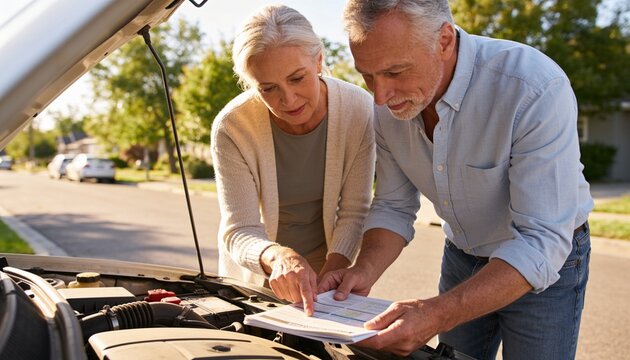 Senior couple looking at car engine with manual on a sunny street, troubleshooting vehicle maintenance and roadside assistance for retirement travel and safety