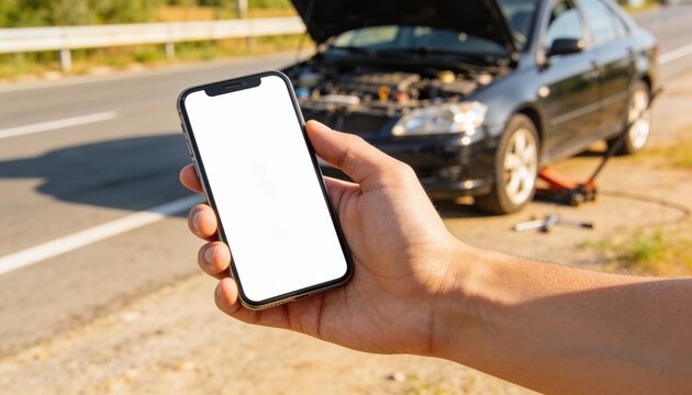 Hand holding smartphone with blank white screen in front of broken car on roadside, roadside assistance and emergency vehicle service for insurance and repair