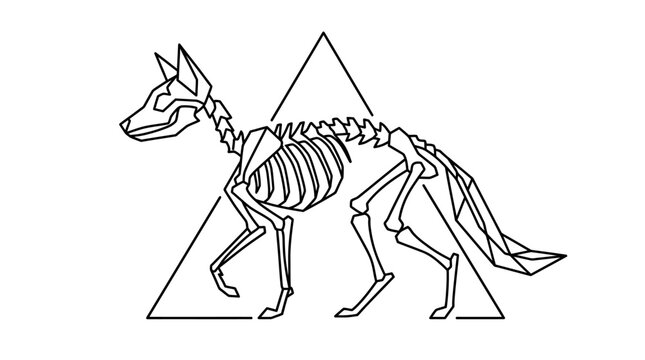 Abstract black monoline illustration of a fox skeleton profile inside a triangle, minimalist geometric canine anatomy vector art on a clean white background.