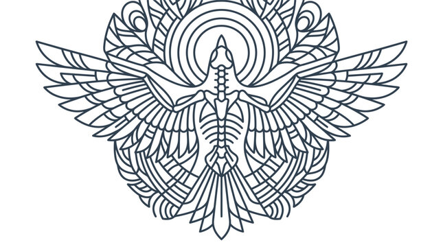 Symmetrical monoline vector illustration of a bird skeleton with outstretched wings and geometric circular background. Minimalist line art featuring avian anatomy on white.