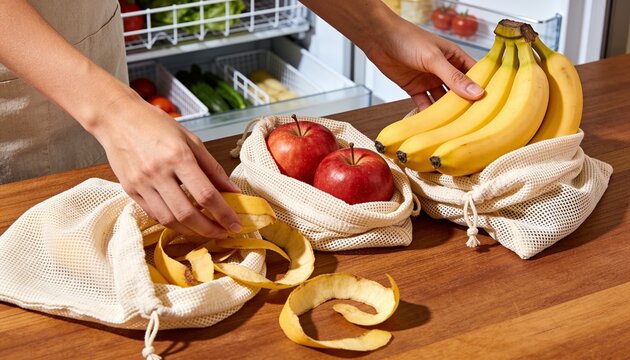 Woman's hands organizing fresh bananas and red apples into reusable mesh bags on a wooden kitchen counter, zero waste lifestyle and sustainable grocery storage at home