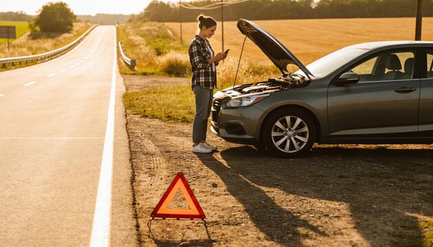 Young woman using smartphone by broken down car on rural road at sunset, calling for roadside assistance and emergency help for travel insurance and vehicle repair