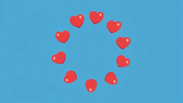 Red Heart Animation forming circle against blue background with soft light