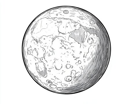 Black and white hand drawing of a detailed spherical celestial moon cratered texture graphic vector.
