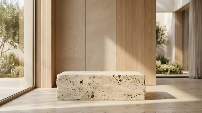Modern beige travertine stone podium mockup for luxury branding. Elegant minimalist display stand for high-end product presentations