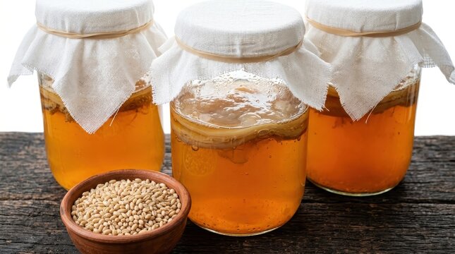 Three glass jars of homemade kombucha tea with scoby and a bowl of wheat grains on a wooden table