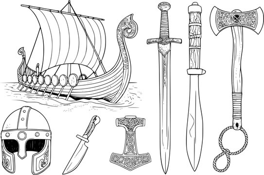 A collection of viking era historical artifacts including a drakkar ship, armor, and mjolnir hammer