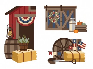 Obraz premium American rustic country barn scene icons.