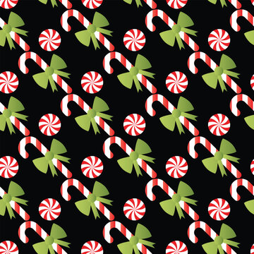 Festive pattern featuring candy canes and peppermint swirls, perfect for holiday designs.