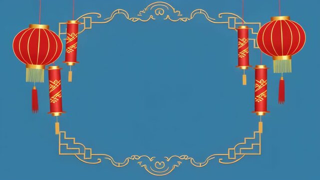 Red Lanterns and Firecrackers border with traditional Chinese ornament during celebration