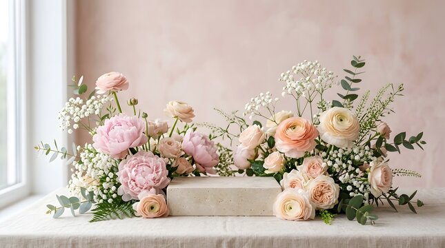 Elegant blush pink floral arrangement in ceramic vase. Soft pastel wedding bouquet mockup for product display and branding