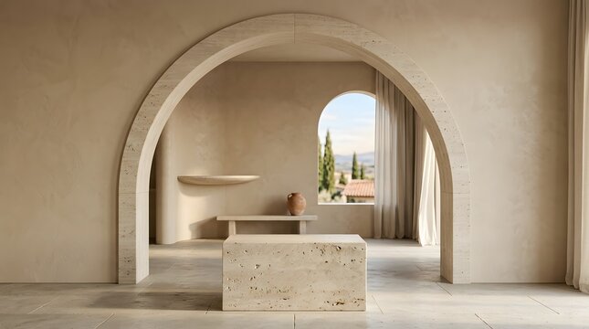 Modern minimalist interior archway mockup with natural light. Stylish blank wall frame for branding and real estate staging