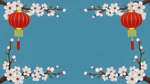 Red Lanterns bloom with cherry blossoms against a serene blue background a celebration of spring